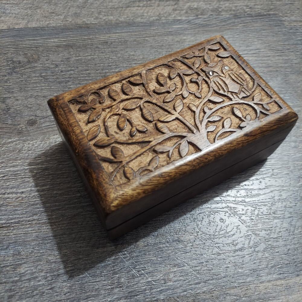 Vintage Indian Mango Wood Owl Tree Hand Carved Trinket Box 6"